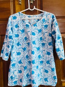 Blue Floral Print Cotton Kurta
