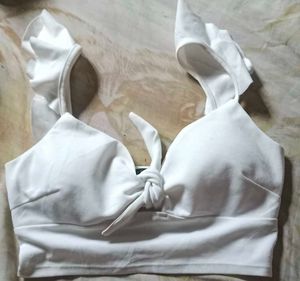 White Tie-Front Crop Top with Ruffle Sleeves