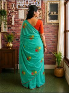 Beautiful Teal Saree with Floral Embroidery