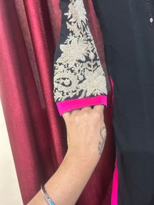 Elegant Black Kurta with Pink &amp; White Embroidery