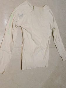 Cream V-Neck Long Sleeve Top