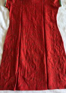 Red Printed Kurta with Embroidered Neck