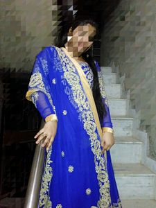 Royal Blue Embroidered Long Frock with dupatta