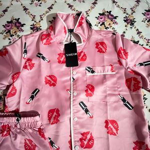 Pink Satin Pajama Set with Lips &amp; Lipstick Print