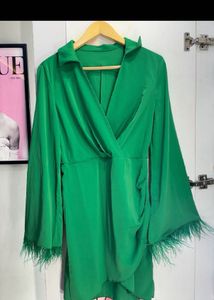 Feather Trimmed Emerald Green Wrap Dress