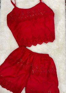 Chic Red Eyelet Crop Top &amp; Shorts Set