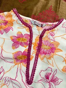 White Floral Printed Kurti for Women | Pink &amp; Oran