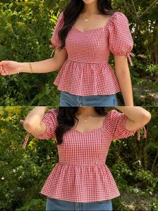 Chic Red Gingham Peplum Top