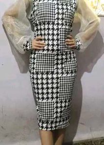 Chic Houndstooth Sheer Sleeve Dress