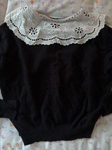 Black Cardigan with White Embroidered Collar