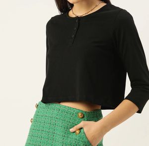 Black Crop Henley Top
