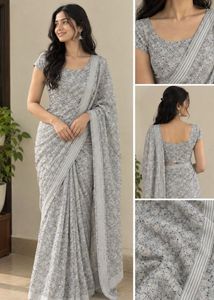 Elegant Grey Floral Saree and Blouse
