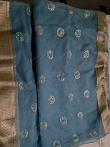 Blue saree with Golden Border