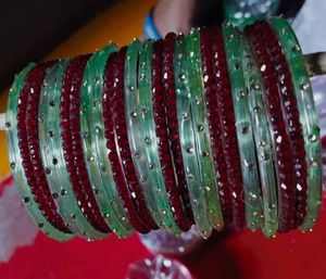 Elegant Green &amp; Red Beaded Bangles