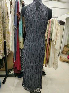 Elegant Grey Crochet  Halter Neck Gown