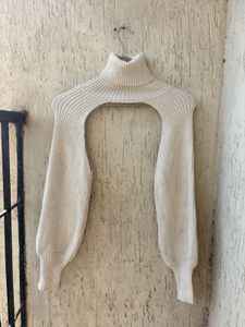 Cream Ribbed Turtleneck Sweater Arms