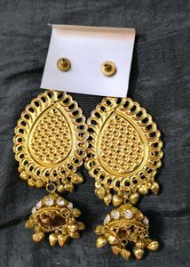 Stunning Golden Jhumka Earrings with White Stone