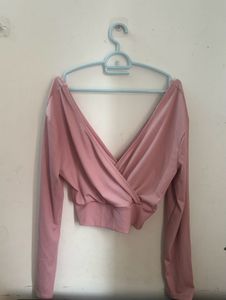 Pink Ribbed Wrap Crop Top | UK 12