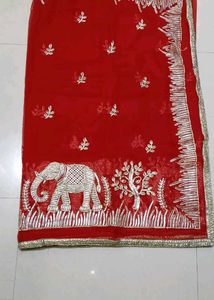 Red Saree with Elephant &amp; Tree Embroidery