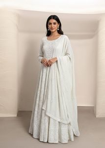 White Party Wear Anarkali Gown & Dupatta