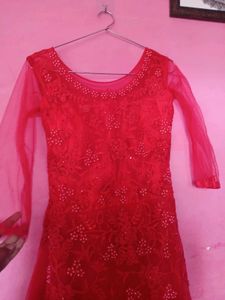 Red Embroidered Party Wear Kurta