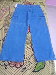 Blue Wide Leg Cargo Jeans