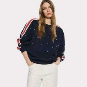 Striped Sleeve Navy Pullover