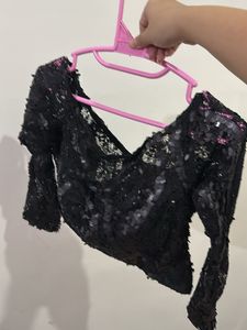 Sequin Embellished Black Crop Off shoulder Top