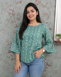 Green Floral Bell Sleeve Top