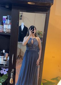 Elegant Grey Halter Neck Lace Dress