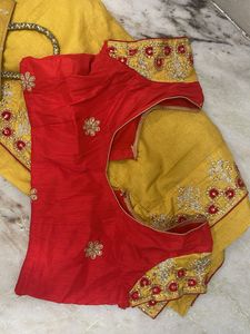 Yellow Saree with Red Blouse &amp; Handbag