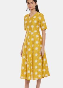Yellow Palm Print Midi Dress