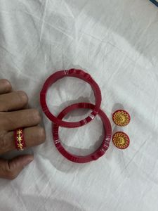 Red &amp; Golden Bangles, Ring &amp; Earrings Set
