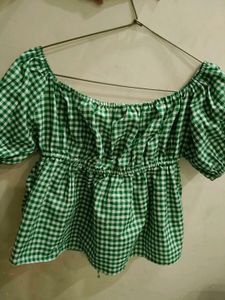 Green Gingham Off-Shoulder Puff Sleeve Top