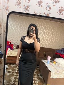 Elegant Black Lace Detail Maxi Dress🦋🎀