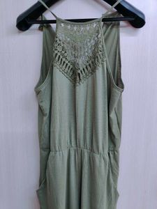Olive Green Crochet Jumpsuit With Pockets