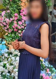 Elegant Navy Blue Lace &amp; Pleated middi