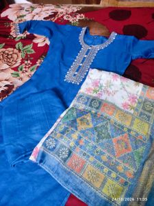 Teal Kurta Set with Floral Dupatta