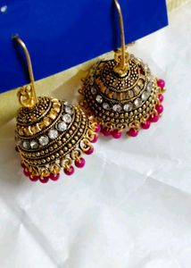 Gold Jhumka Earrings with Pink Beads