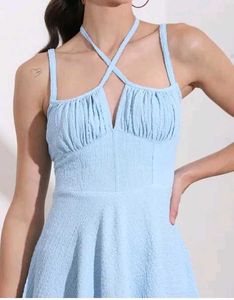 Light Blue Skater Dress lace up textured