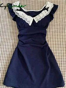 y2k Navy Lace Collar Dress
