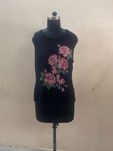Black Sleeveless Top with Rose Embroidery