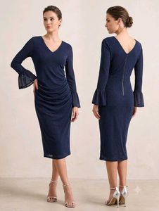 Elegant Navy Blue Ruched Midi Dress