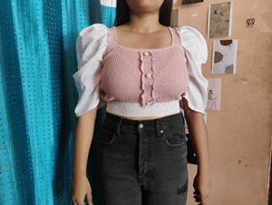 🤍Pink & White Puff Sleeve Top🤍