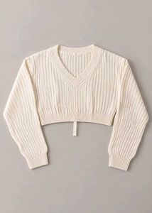 CREAM RIBBED V-NECK TIE-BACK CROPPED SWEATER