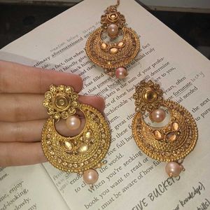 Gold-tone Kundan Maang Tikka &amp; Earring Set