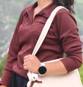 Brown Ribbed Polo Neck Top