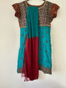 Embellished Teal & Maroon Kurta Set
