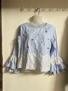 Charming Blue Embroidered Top with Lace Details
