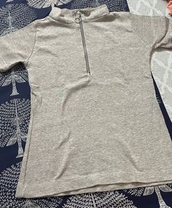 Grey Ribbed Half-Zip Top